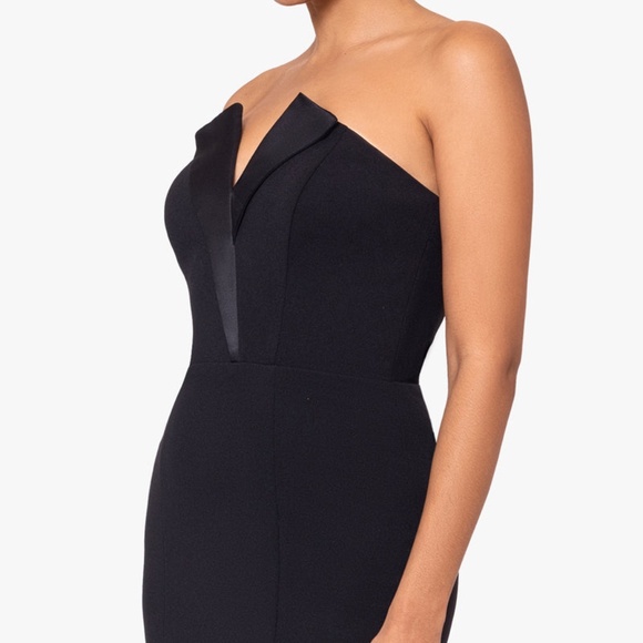 NEW BETSY & ADAM Black STRETCH CREPE Tux Detail STRAPLESS Lapel COLUMN GOWN 10 - Picture 3 of 16